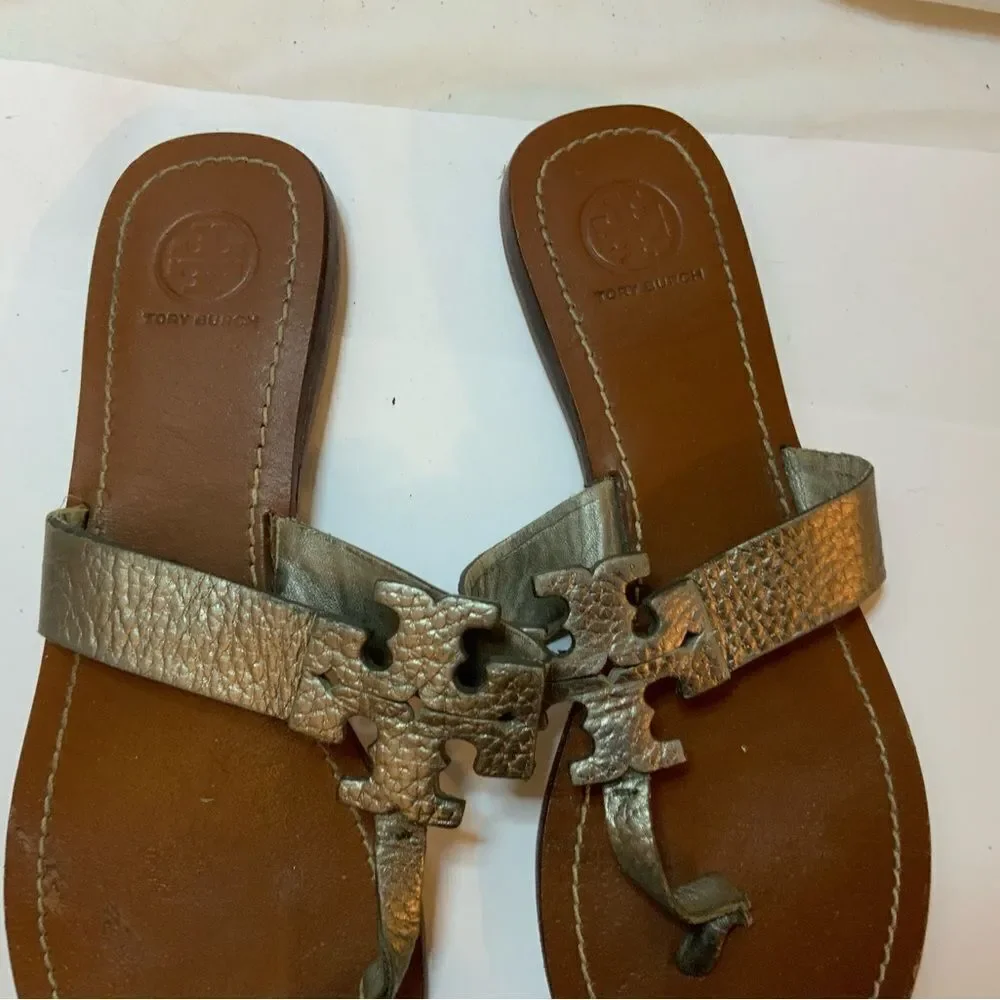 Tory Burch MOORE Women’s Size 9 Metallic Pewter Leather Logo  Flip Flops Thong